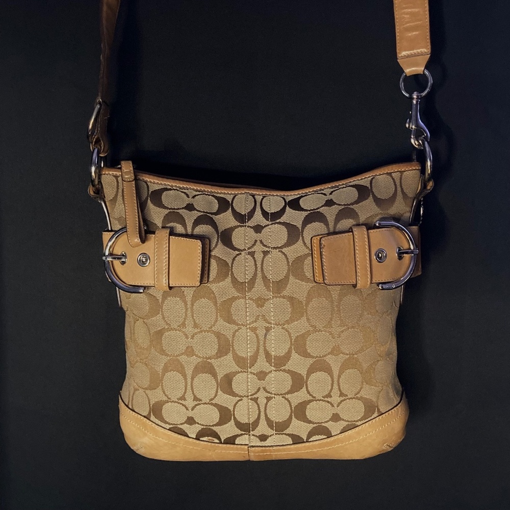 Coach Soho Handbag, Signature Logo Jacquard | Brown (Good Used Condition)